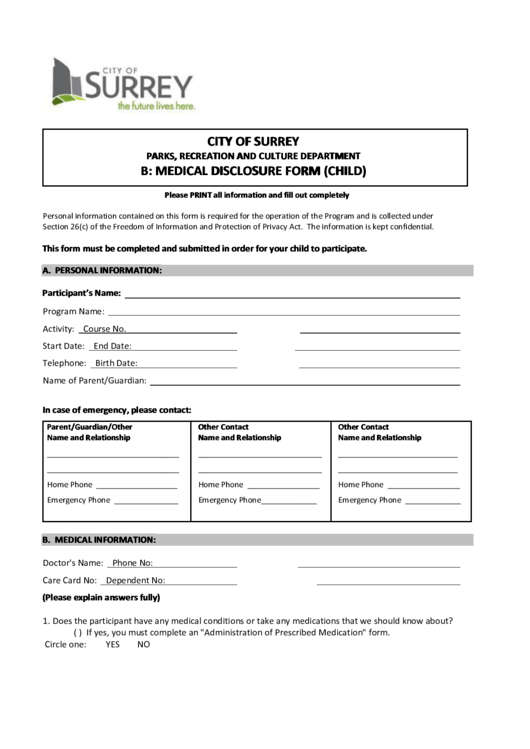 Form B: Medical Disclosure Form (Child) - Parks, Recreation And Culture Department Printable pdf