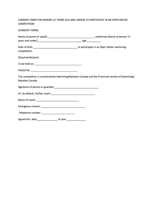 Swimming Natation Canada Consent Form For Minors To Participate In An Open Water Competition Printable pdf