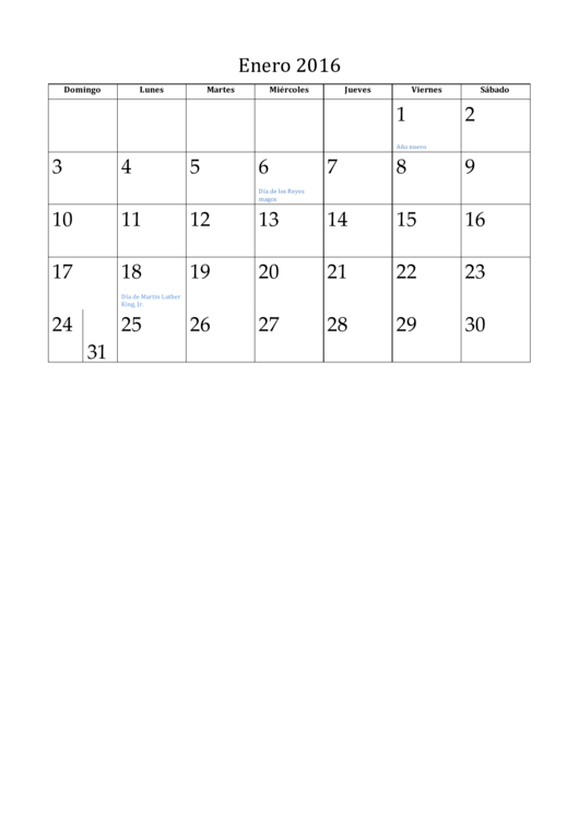 Enero - 2016 Spanish Calendar Template
