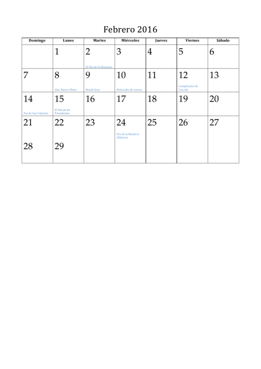 Febrero 2016 Spanish Calendar Template