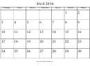 Abril - 2016 Spanish Calendar Template