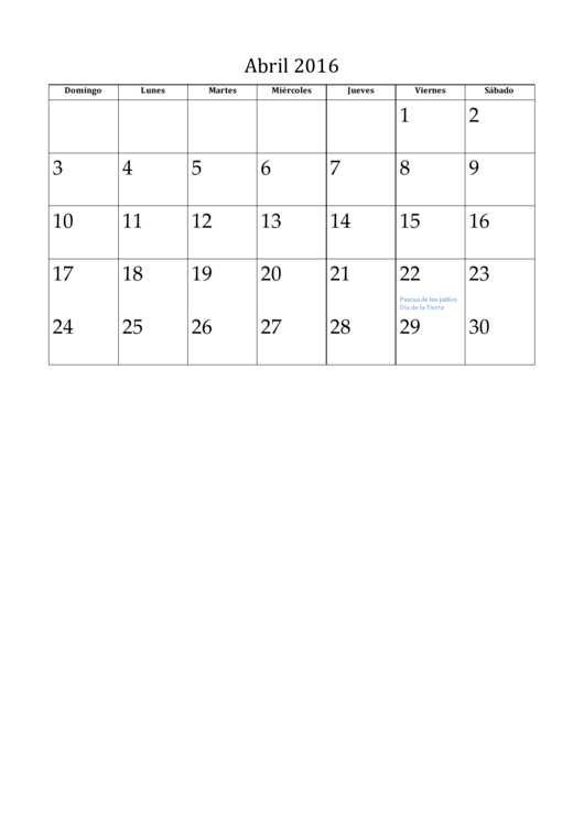 Abril - 2016 Spanish Calendar Template