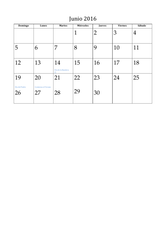 Junio - 2016 Spanish Calendar Template Printable pdf