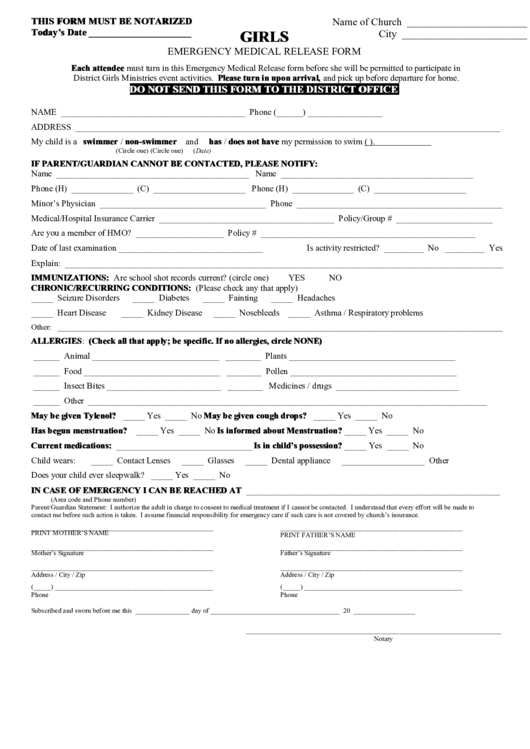 Girls Emergency Medical Release Form Printable pdf