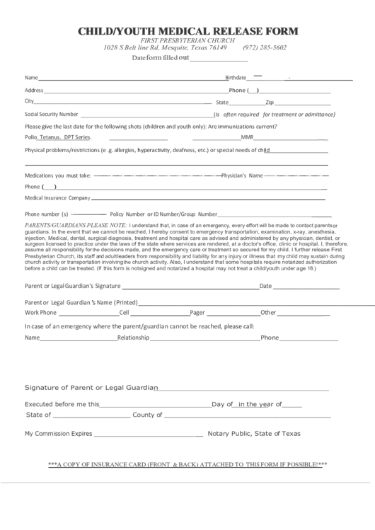 Child/youth Medical Release Form Printable pdf