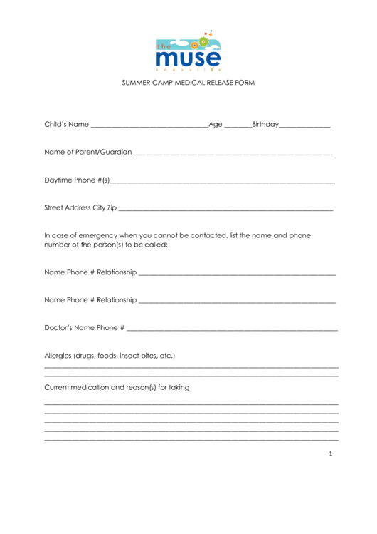 Summer Camp Medical Release Form Printable pdf