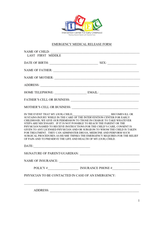 Fillable Emergency Medical Release Form Printable pdf