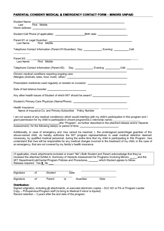 Parental Consent/ Medical & Emergency Contact Form - Minors Unpaid Printable pdf