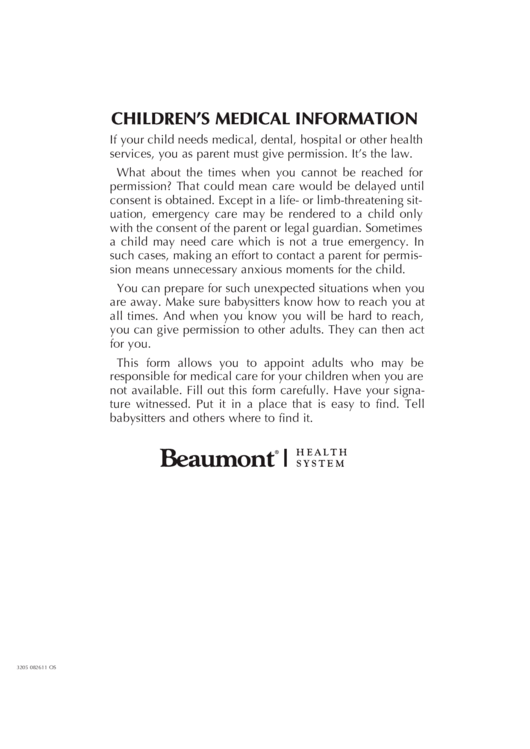 Medical Information For Minor Children Printable pdf