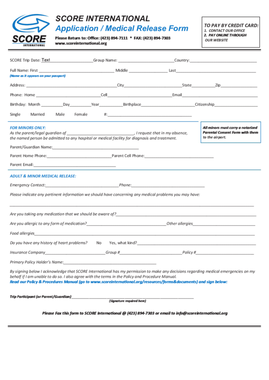 Application / Medical Release Form Printable pdf