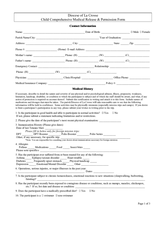Child Comprehensive Medical Release & Permission Form Printable pdf