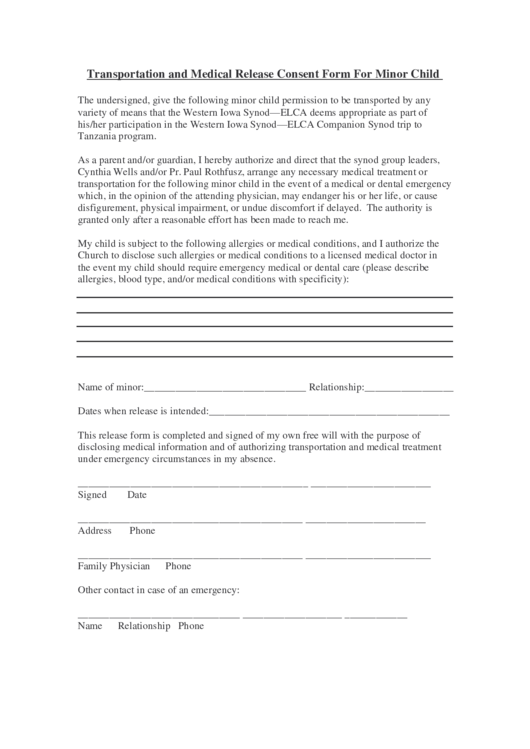 Transportation And Medical Release Consent Form For Minor Child Printable pdf