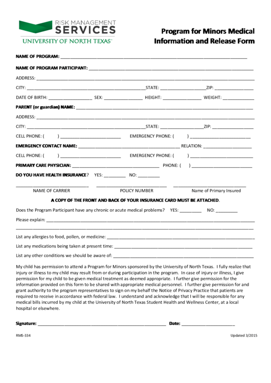 Program For Minors Medical Information And Release Form Printable pdf