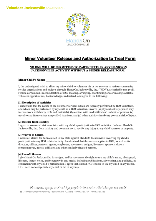 Minor Volunteer Release And Authorization To Treat Form Printable pdf