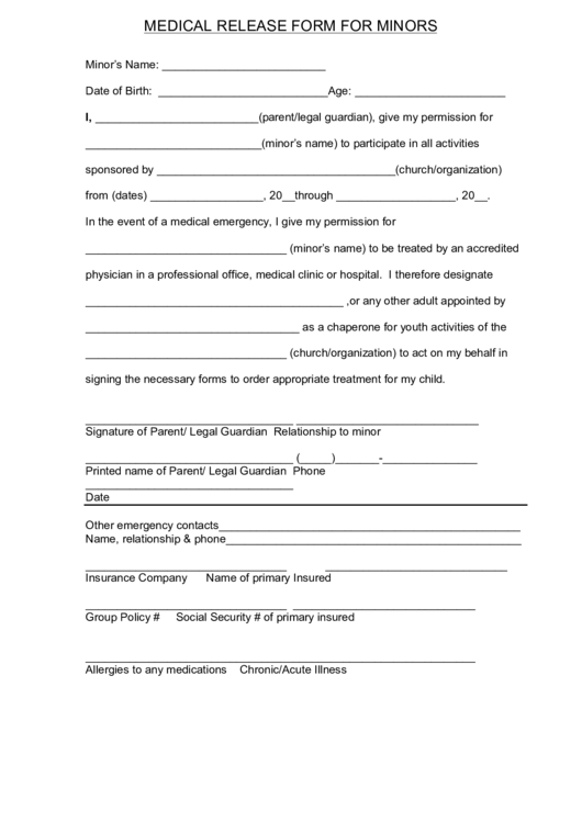 Medical Release Form For Minors Printable pdf