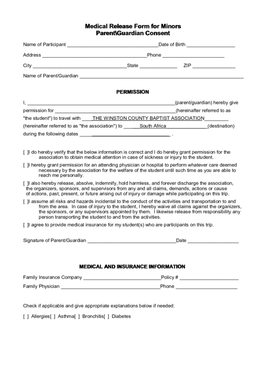 Medical Release Form For Minors Parent Guardian Consent printable pdf