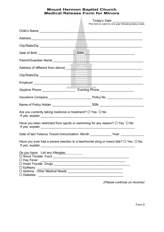 Form E - Mount Hermon Baptist Church Medical Release For Minors Printable pdf