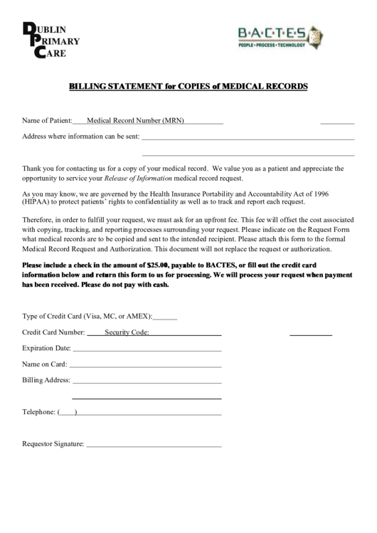 Billing Statement For Copies Of Medical Records Printable pdf