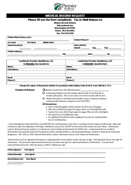 Medical Record Request Printable Pdf Download