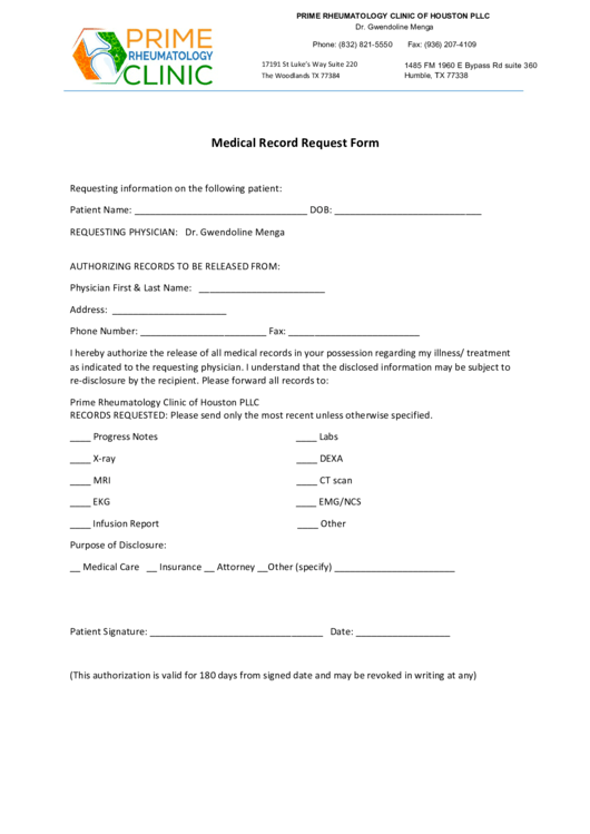 Medical Record Request Form Printable pdf