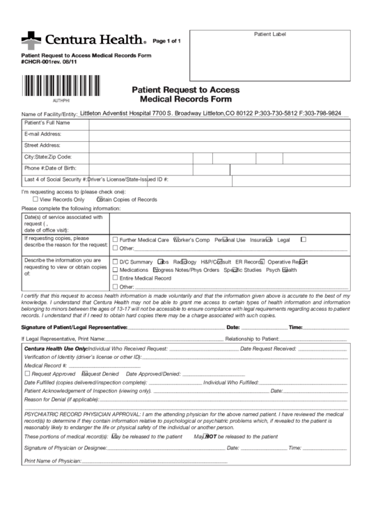 Fillable Patient Request To Access Medical Records Form Printable pdf