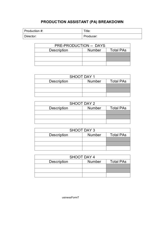 Production Assistant (Pa) Breakdown Checklist Printable pdf
