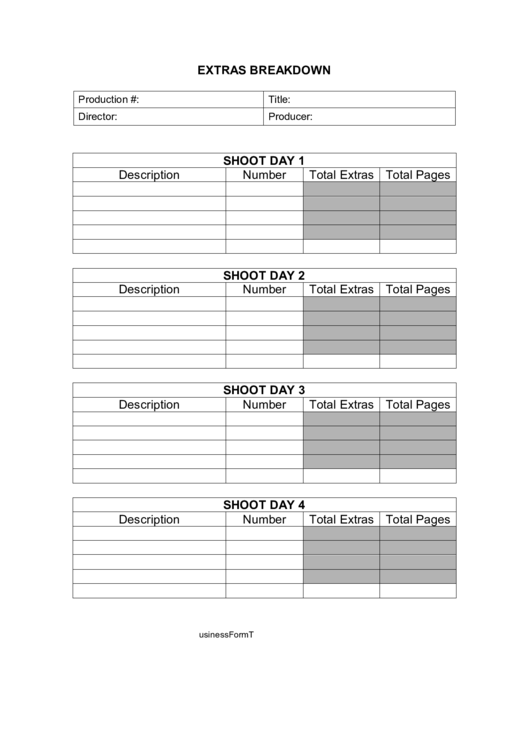Extras Breakdown Checklist Printable pdf