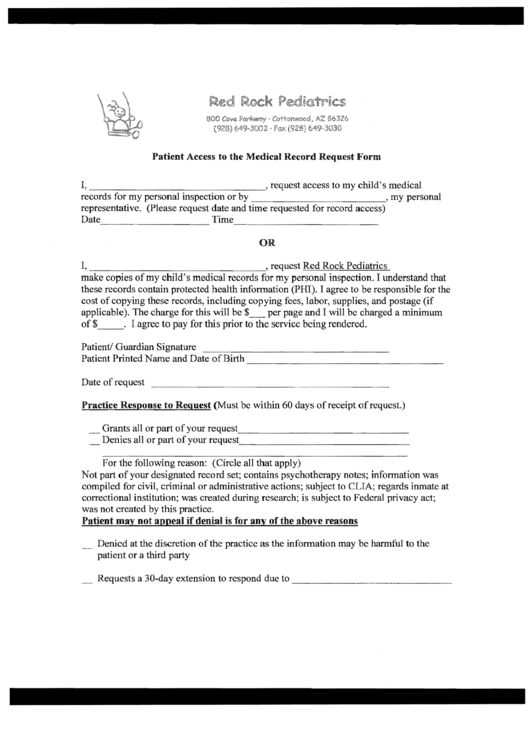 Patient Access To The Medical Record Request Form Printable pdf