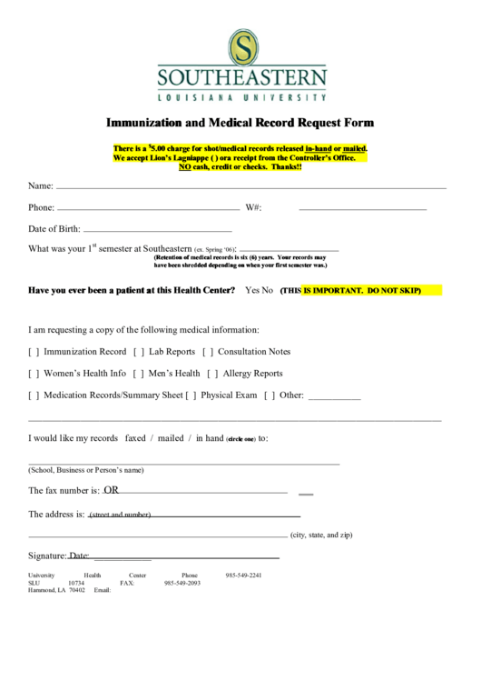 Immunization And Medical Record Request Form Printable pdf