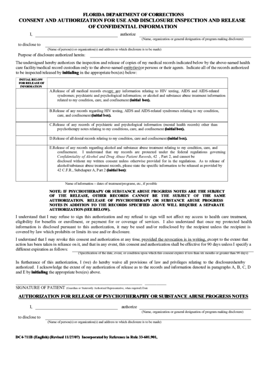Florida Department Of Corrections Consent And Authorization For Use And Disclosure Inspection And Release Of Confidential Information Printable pdf