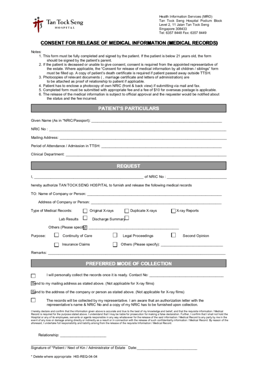 Consent For Release Of Medical Information (Medical Records) Printable pdf