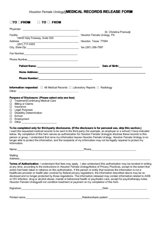 Medical Records Release Form Printable pdf