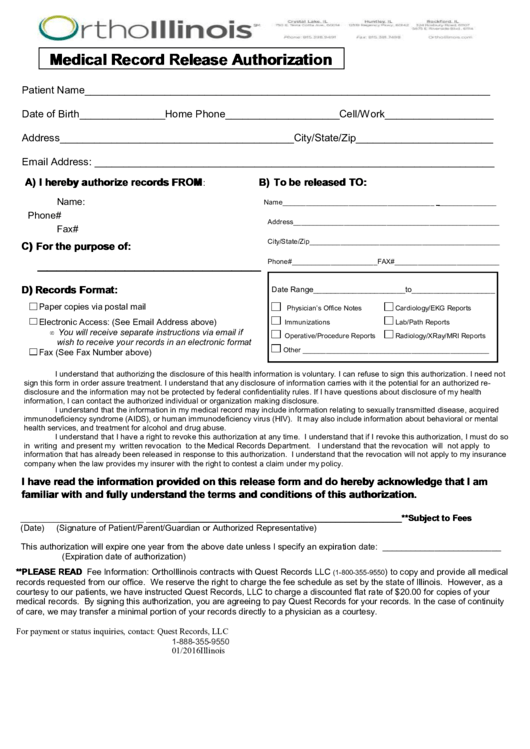 Medical Record Release Authorization Printable pdf
