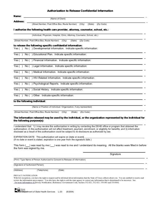 Form L-30a - Authorization Form To Release Confidential Information Printable pdf