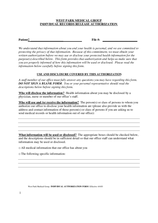 West Park Medical Group Individual Records Release Authorization Printable pdf