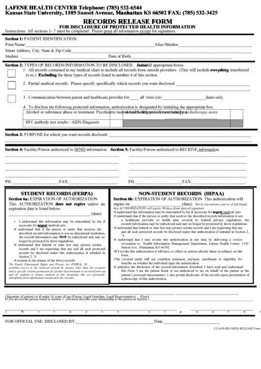 Records Release Form For Disclosure Of Protected Health Information Printable pdf