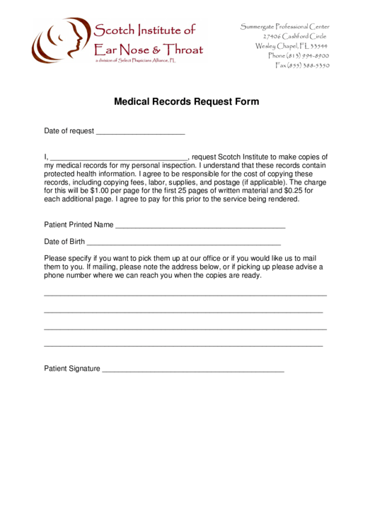 Medical Records Request Form Printable pdf