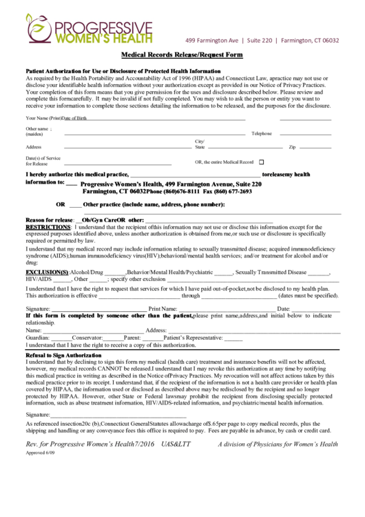 Medical Records Release/request Form Printable pdf