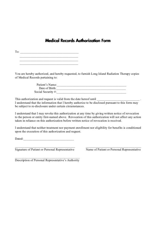 Medical Records Authorization Form Printable pdf