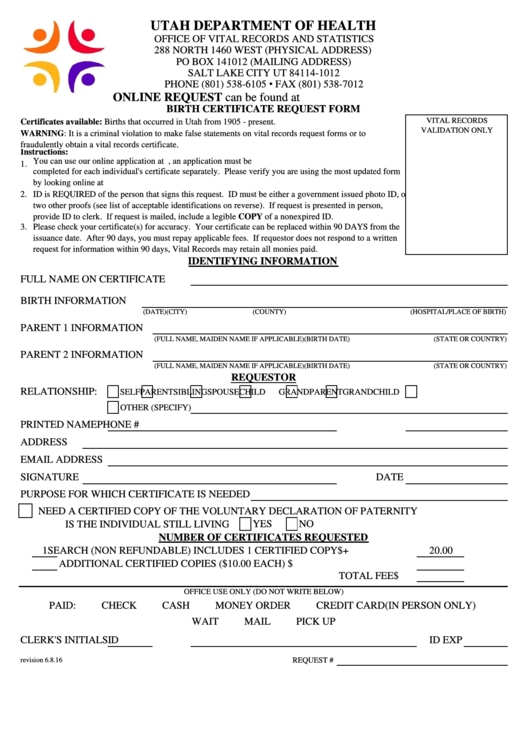 Application To Request A Birth Certificate - Utah Vital Records Printable pdf