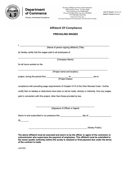 Affidavit Of Compliance Form Printable pdf