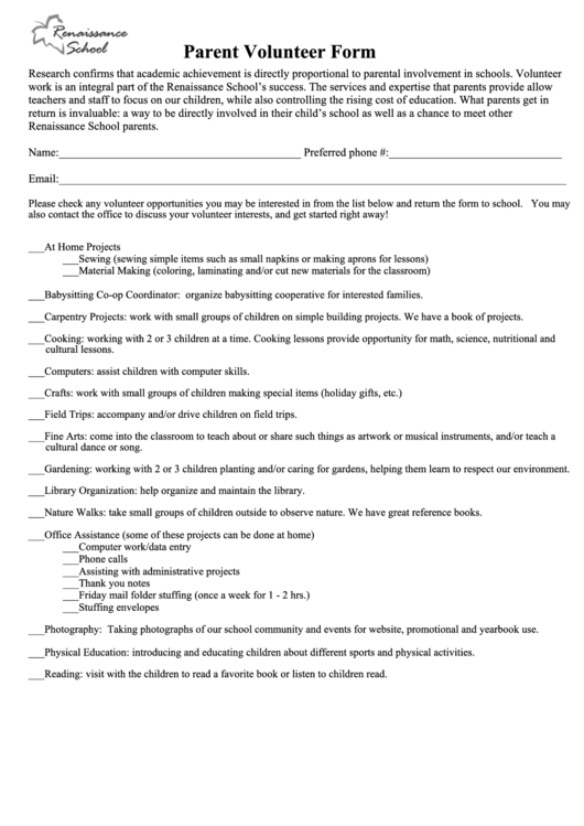 Parent Volunteer Form printable pdf download