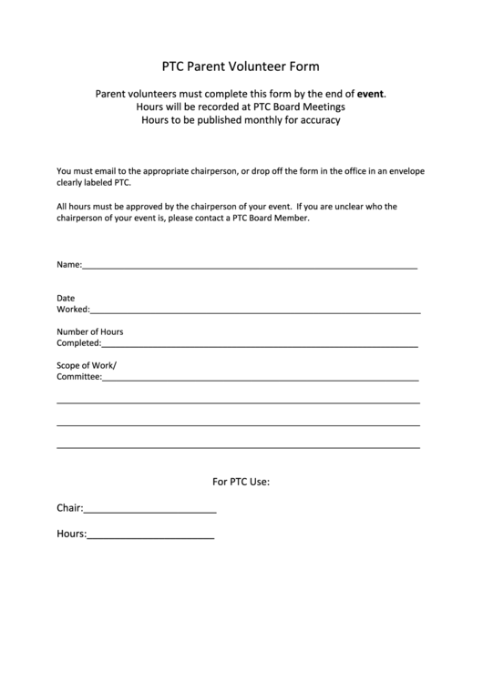 Ptc Parent Volunteer Form Printable pdf