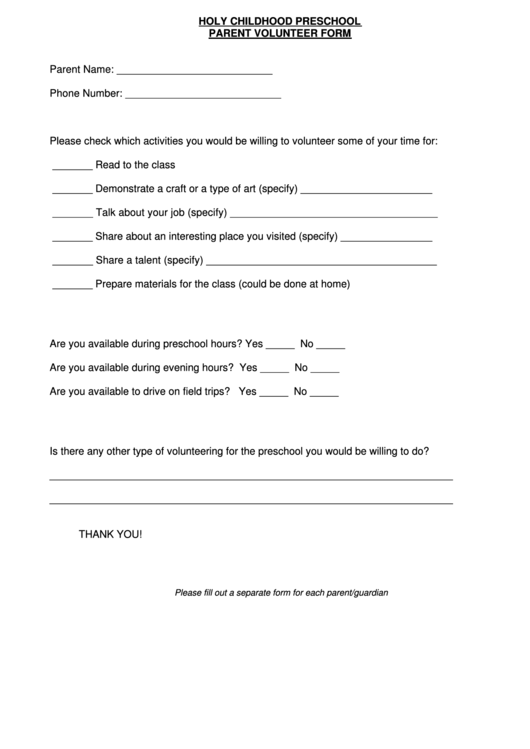 Holy Childhood Preschool Parent Volunteer Form