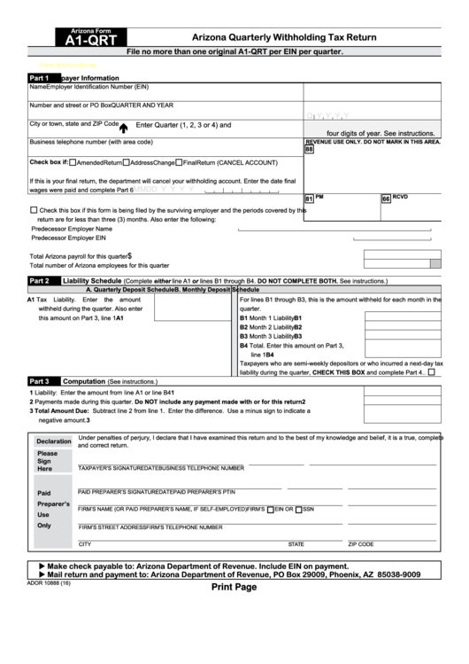 Fillable Arizona Quarterly Withholding Tax Return (Arizona Form A1Qrt
