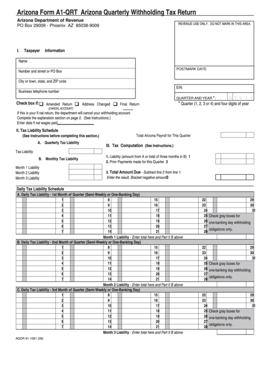Fillable Arizona Form A1Qrt Arizona Quarterly Withholding Tax Return