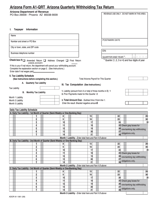 Fillable Arizona Form A1 Qrt Arizona Quarterly Withholding Tax Return 