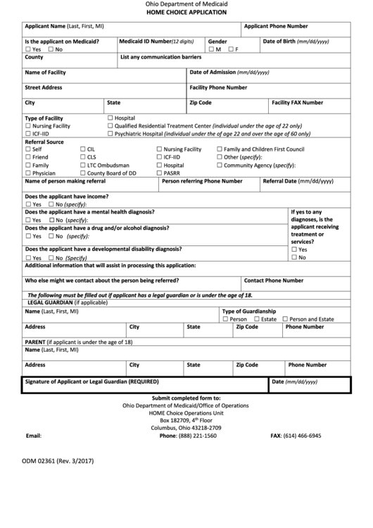 Fillable Home Choice Application Form Ohio Medicaid Printable pdf