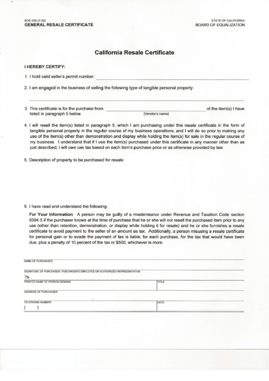 California Resale Certificate Printable pdf