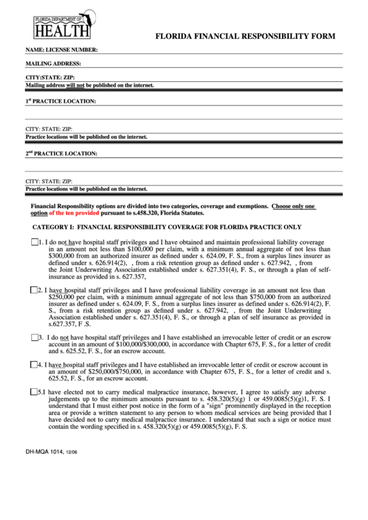 Dh-mqa 1014 - Florida Financial Responsibility Form